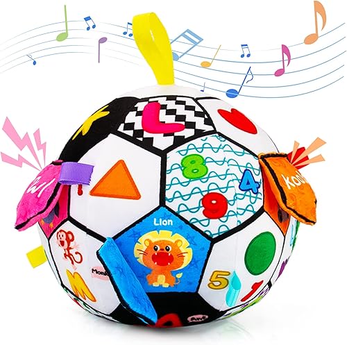 Miniatura 1 de Inbeby Pelota sensorial para bebés de 6 12 meses pelota de fútbol musical de felpa para niños pequeños de 1 2 3 juguete de bebé de alto contraste en