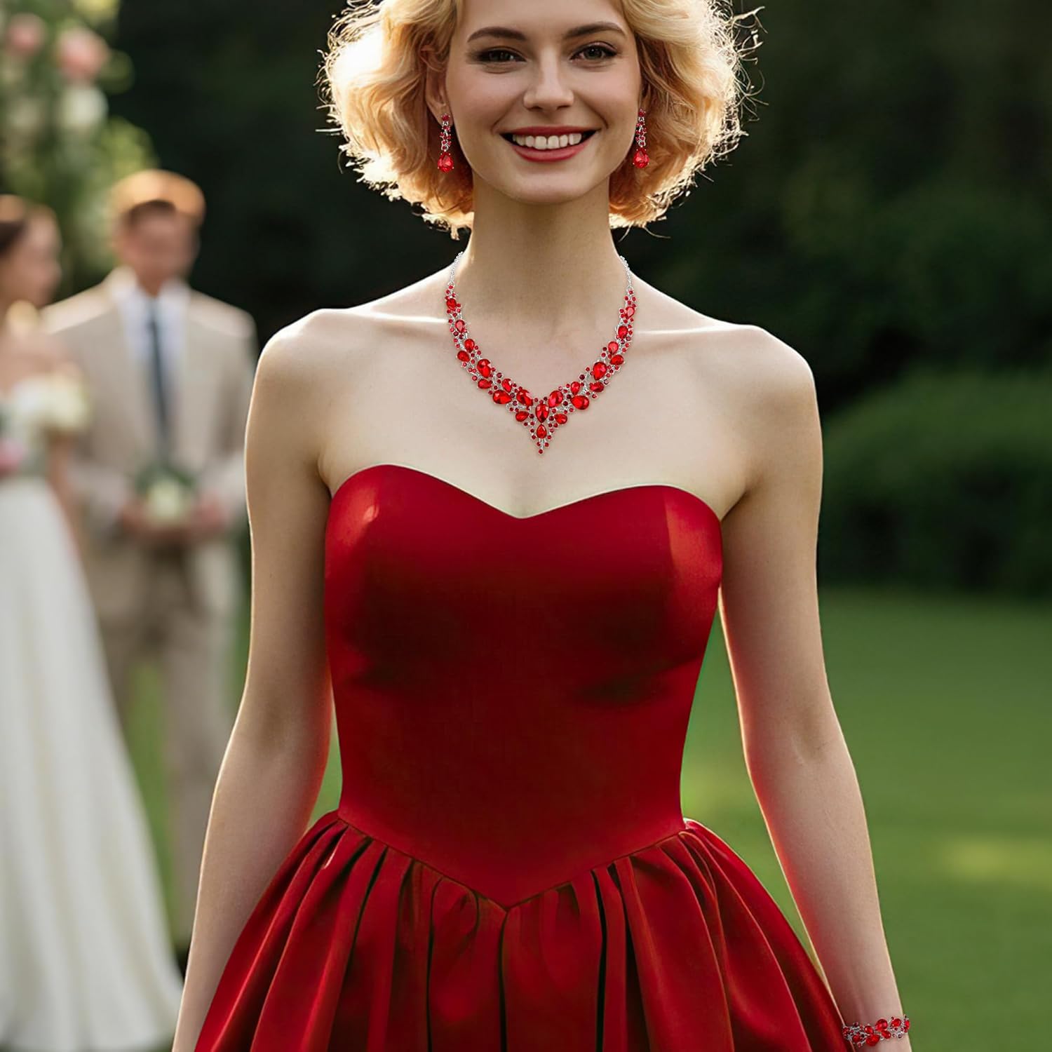 BriLove Wedding Bridal Jewelery for Women Austrian Crystal Teardrop Cluster Statement Necklace Dangle Earrings Link Bracelet Set - Image 4