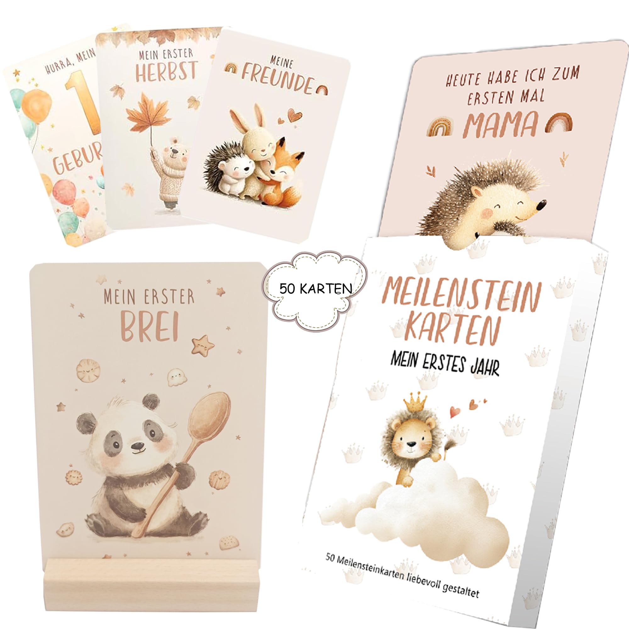 WLHFDC Meilensteinkarten Baby,50 Handgemalten Boho Illustrationen Monatskarten mit beschreibbaren Rückseiten inkl.Geschenkbox und Holzaufsteller für Geschenk zur Schwangerschaft,Babyshower und Geburt