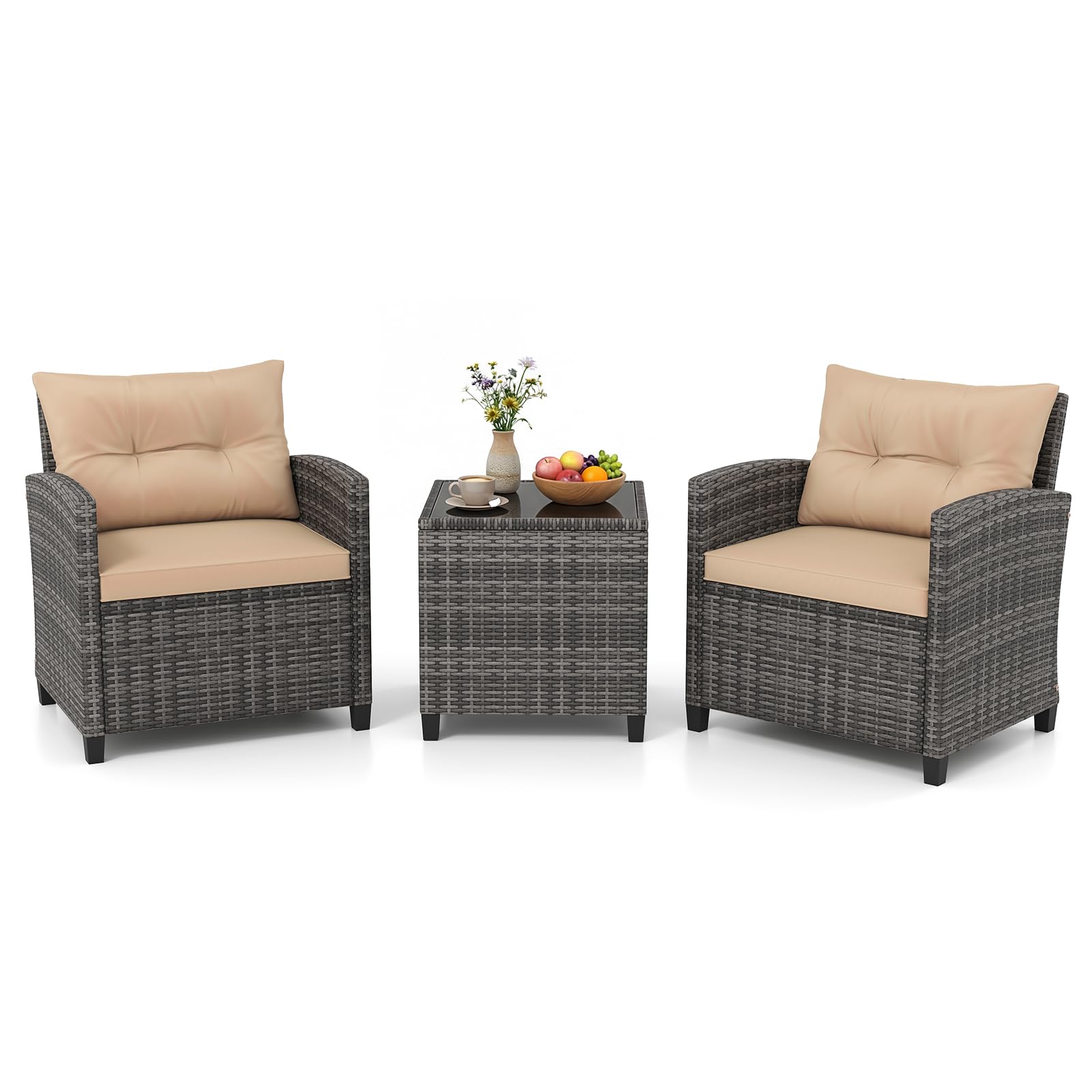 GIANTEX Conjunto de Muebles Jardín 3 Piezas, Mesa y Sillas de Exterior de Ratán PE con Cojines, Mesa con Tablero de Vidrio, para 2 Personas, para Terraza, Patio, Balcón (Gris+Marrón)