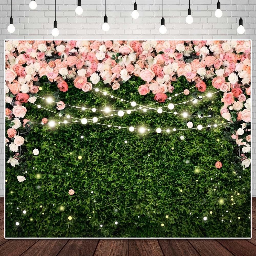 Green Leaves Flower Backdrop Pink Rose Greenery Grass Photography Background Wedding Bridal Shower Baby Shower Birthday Party Banner Photo Shoot Decor