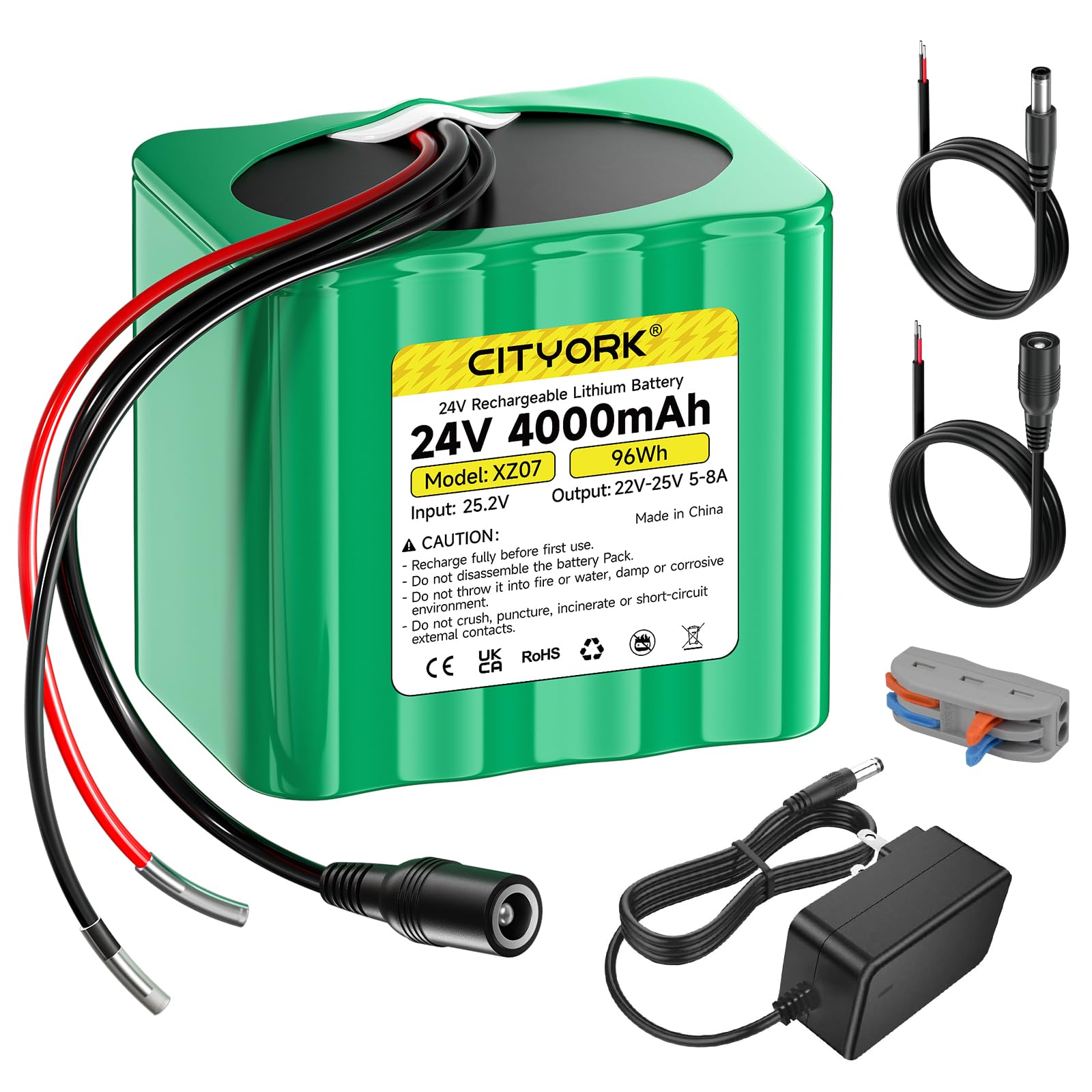 CITYORK Batería de litio de 24 V 4000 mAh y cargador, cable de extensión, conexión de cable para proyectos de bricolaje, farolas solares, cámara CCTV, altavoz, pulverizador y más