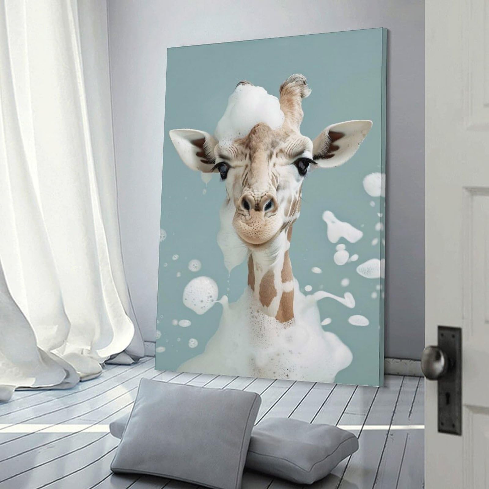 Junmoney Canvas Wall Decor Cute Giraffe Taking A Bubble Bath, 20x30inch(50x75cm), for Living Room, Bedroom, Office Or Hallway, Stylish Home Artwork for Focal Walls