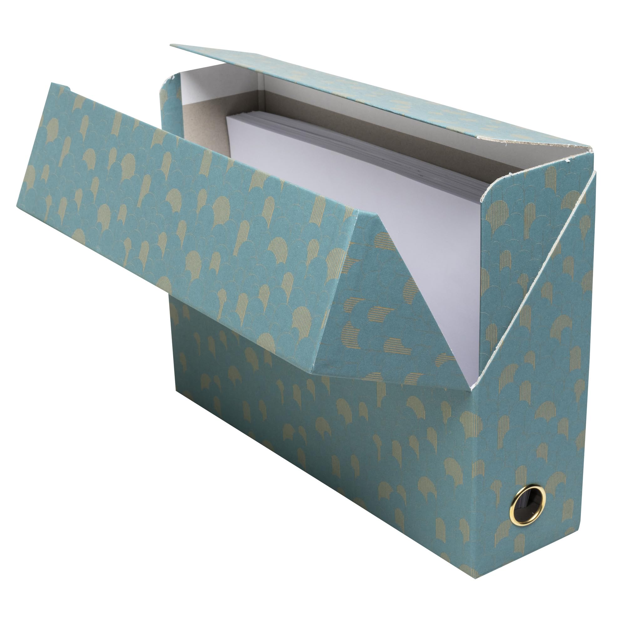 Exacompta - Rif. 89450E - 1 scatola di trasferimento Neo Déco, dorso 90 mm, occhiello di presa in oro, dimensioni 25,5 x 9 x 34 cm, etichetta adesiva inclusa, colori casuali, consegnata montata