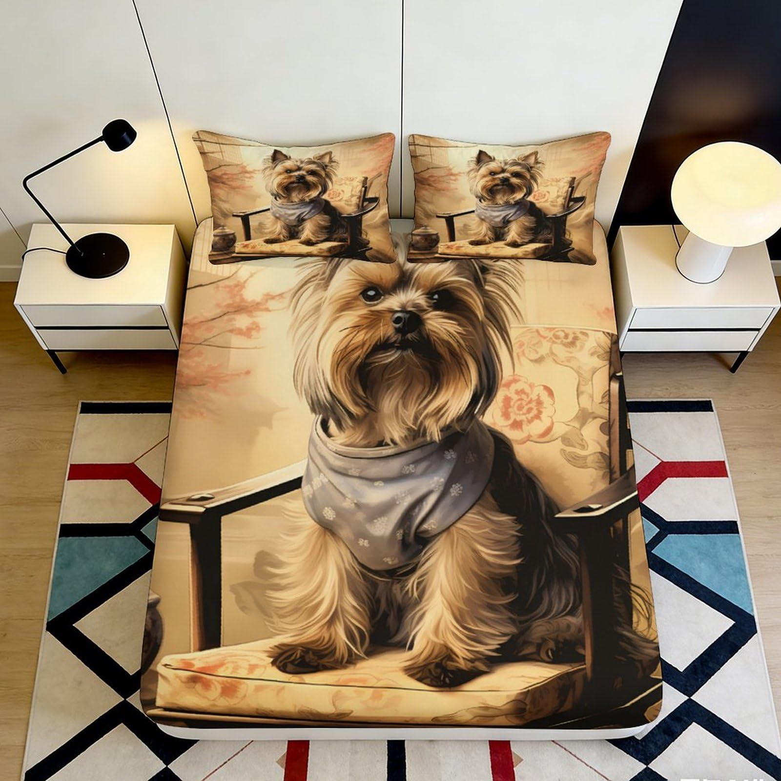 3D Printed Yorkshire Terrier Fitted Sheet Microfiber Soft Breathable Dog Art Bed Cover Anti-Slip Machine Washable Decor for Bedroom Guest Room 90x200x25cm