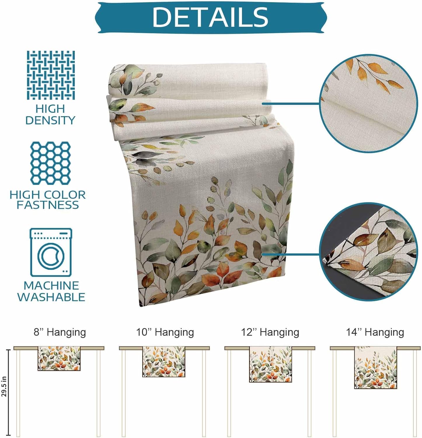 Fall Sage Green Table Runner 120 Inches Long Eucalyptus Leaves Linen Background Coffee Table Runner Kitchen Dining Table Decoration for Home Party Holiday 13 x 120 Inch