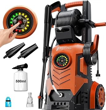 High Pressure Washers w/ 8 Level Touch Screen 100-200bar, Flow Rate 280-500l/h, Coverage max. 60 /h, Foam Cannon and Adjustable 6-in-1 Nozzles, Jet Washer Power Washers for Patio/Car/Home Cleaning