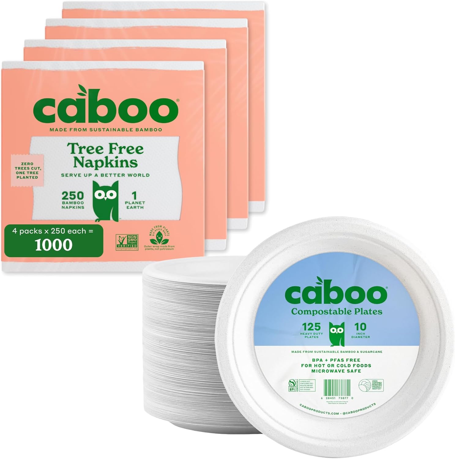 Caboo Napkins 4 Pack + Paper Plates Bundle - Natural Bamboo Based Paper Products - Sustainable Alternative to Plastics and Papers for Home, Travel, and Personal Care