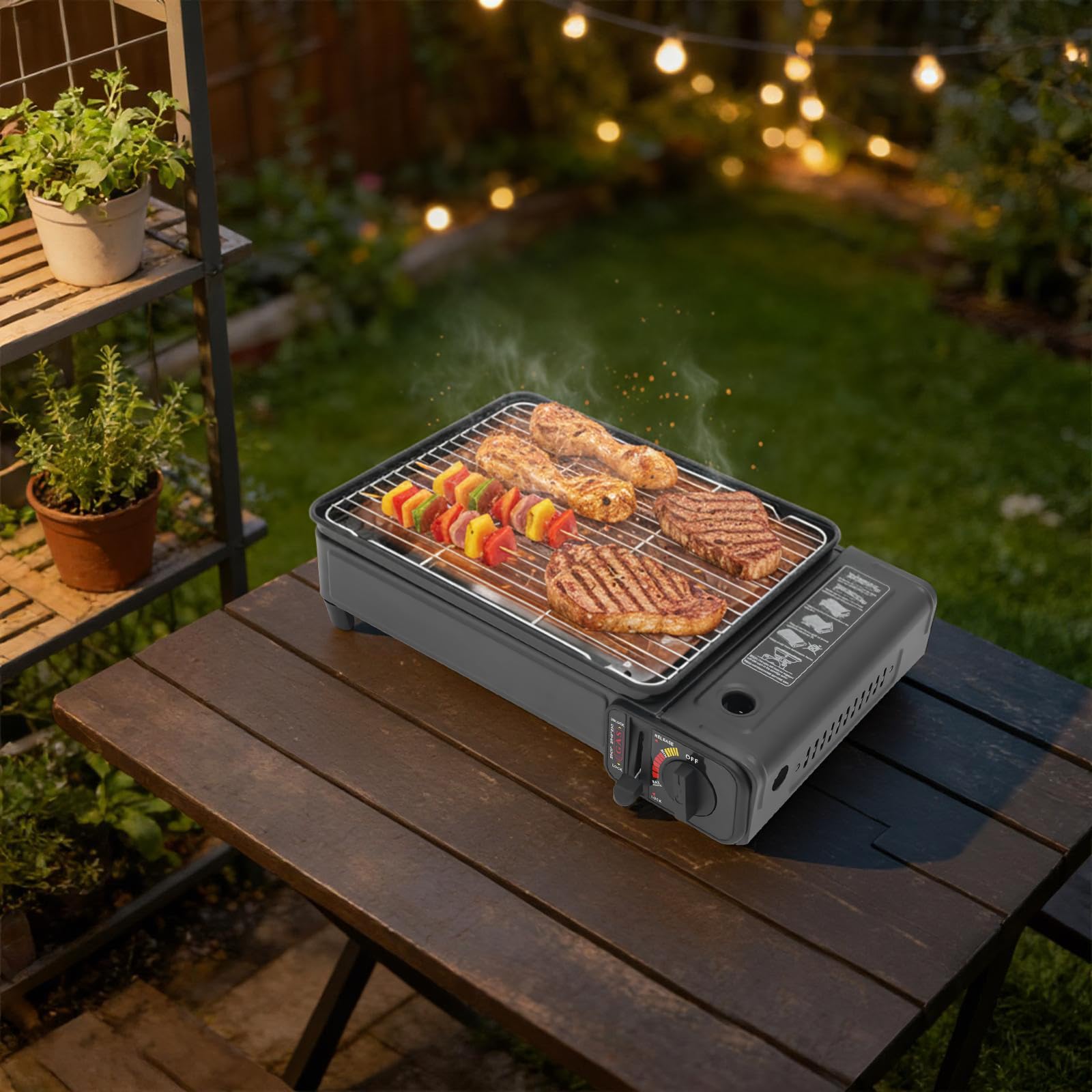 Przenośna płyta grillowa gazowa, kuchenka gazowa, stół z torbą do przenoszenia, na kemping, spotkania, 42 x 26 x 11 cm, ciśnienie 0,25 – 0,3 MPa