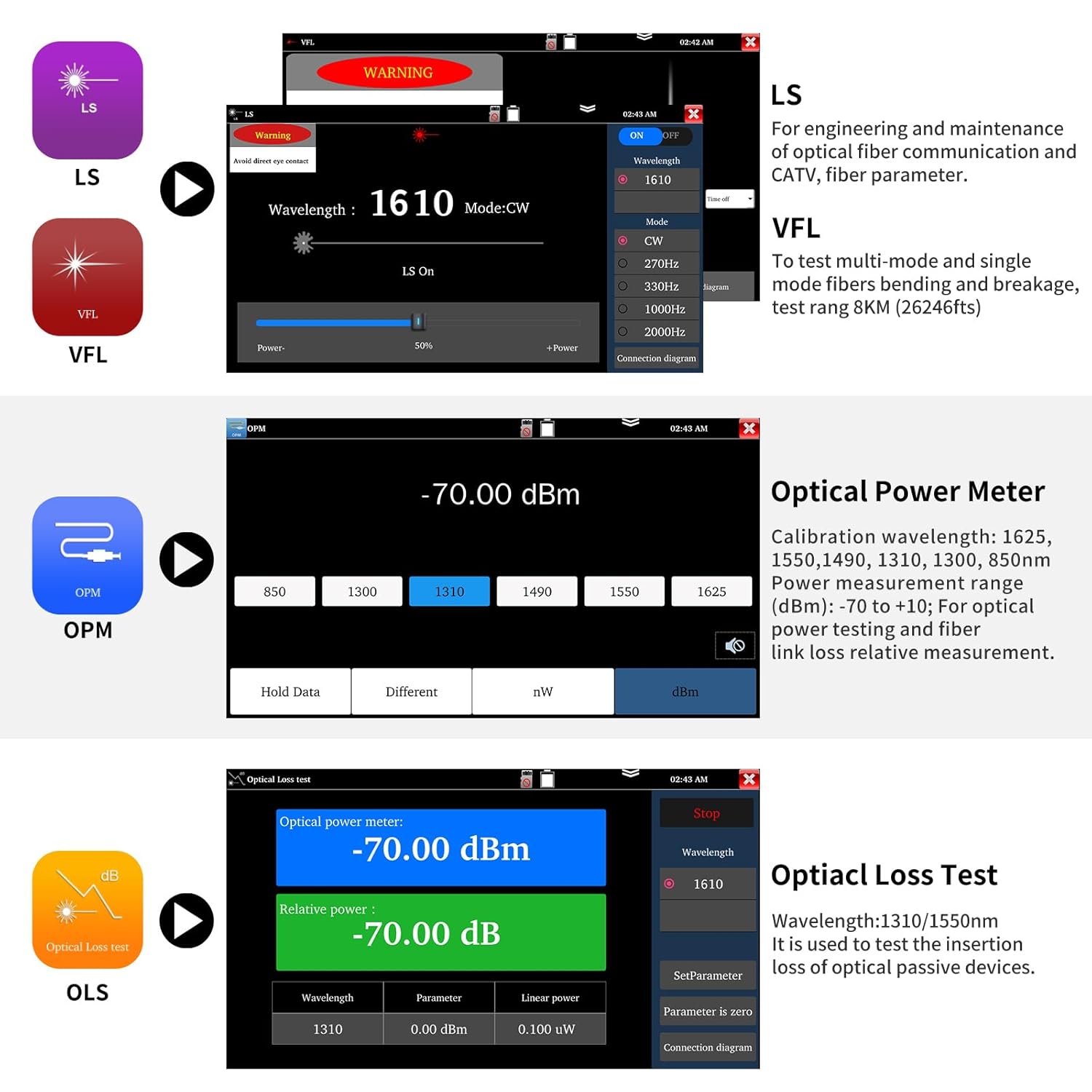 Henkion OTDR Fiber Optic Tester 1310/1550nm 26/24dB Optical Fibers Tester Auto OTDR/Parameter Setting,OPM,LS,OLS,Event Map,Cable Tester,Network Tools,8 Style of Fiber Adapters File Setting/Report