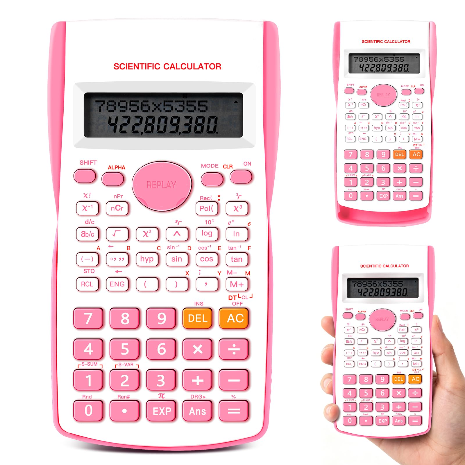 Scientific Calculator, 240 Functions 2-Line LCD Display Engineering Calculator with Protective Case, Portable Desktop Calculator for GCSE A-Level University Students Teachers Business, Pink