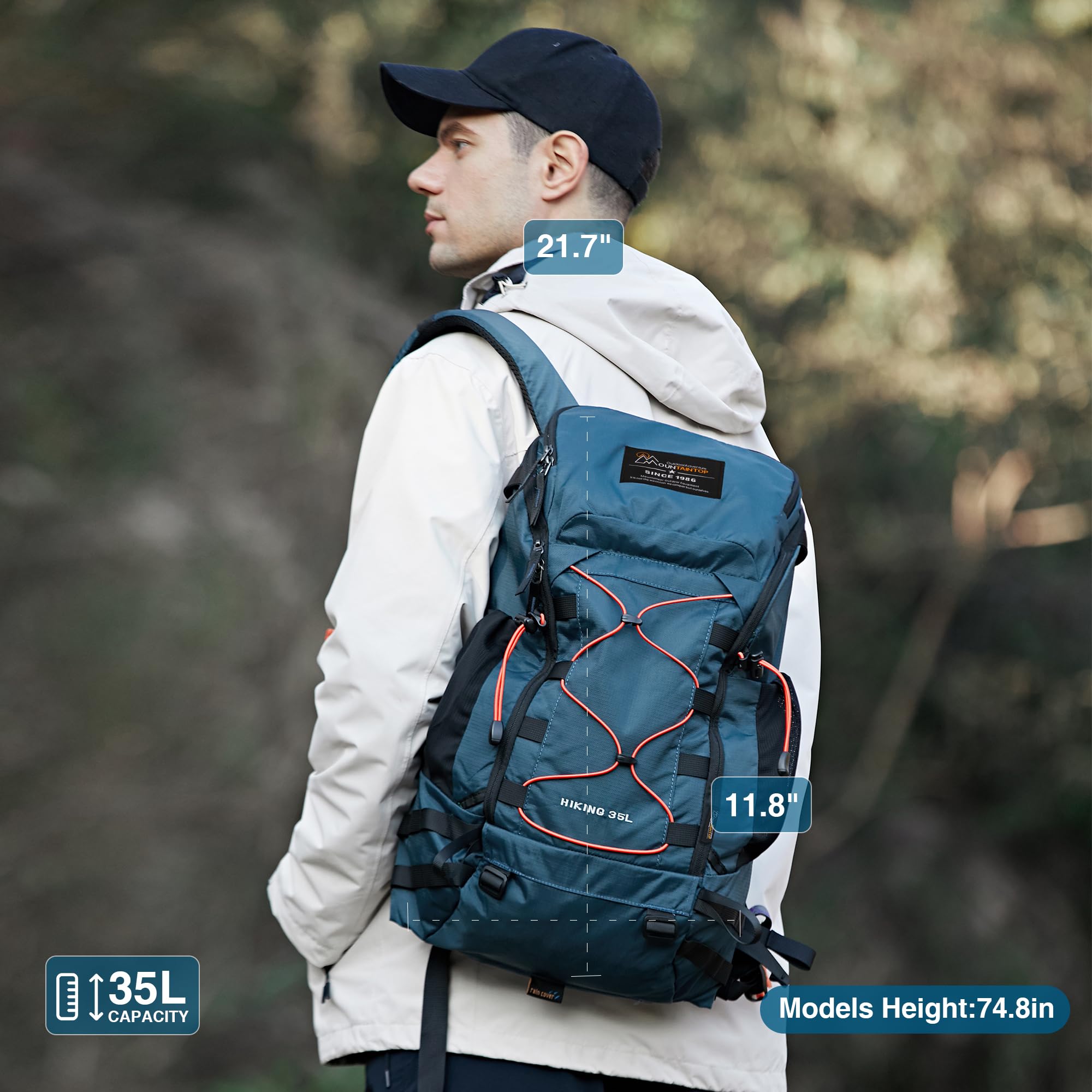 Mountaintop 35L Wanderrucksack Herren Damen Reiserucksack Trekkingrucksack Outdoor Rucksäcke mit Regenhülle für Camping Wandern Radfahren Tagesausflüge, 55x30x18cm