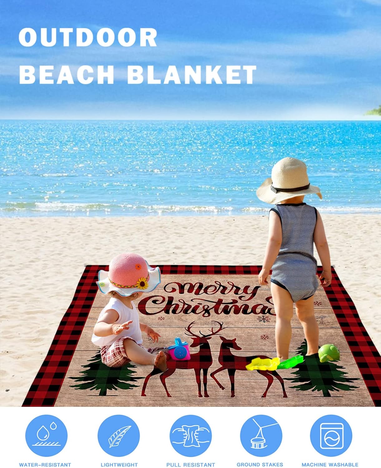 Vintage Farm Buffalo Cheque Deer Christmas Tree Beach Blanket Waterproof Sandproof Outdoor Picnic Mat 108"x84" Retro Wood Board Lightweight Large Beaach Blankets with 4 Stake & 4 Corner Pockets
