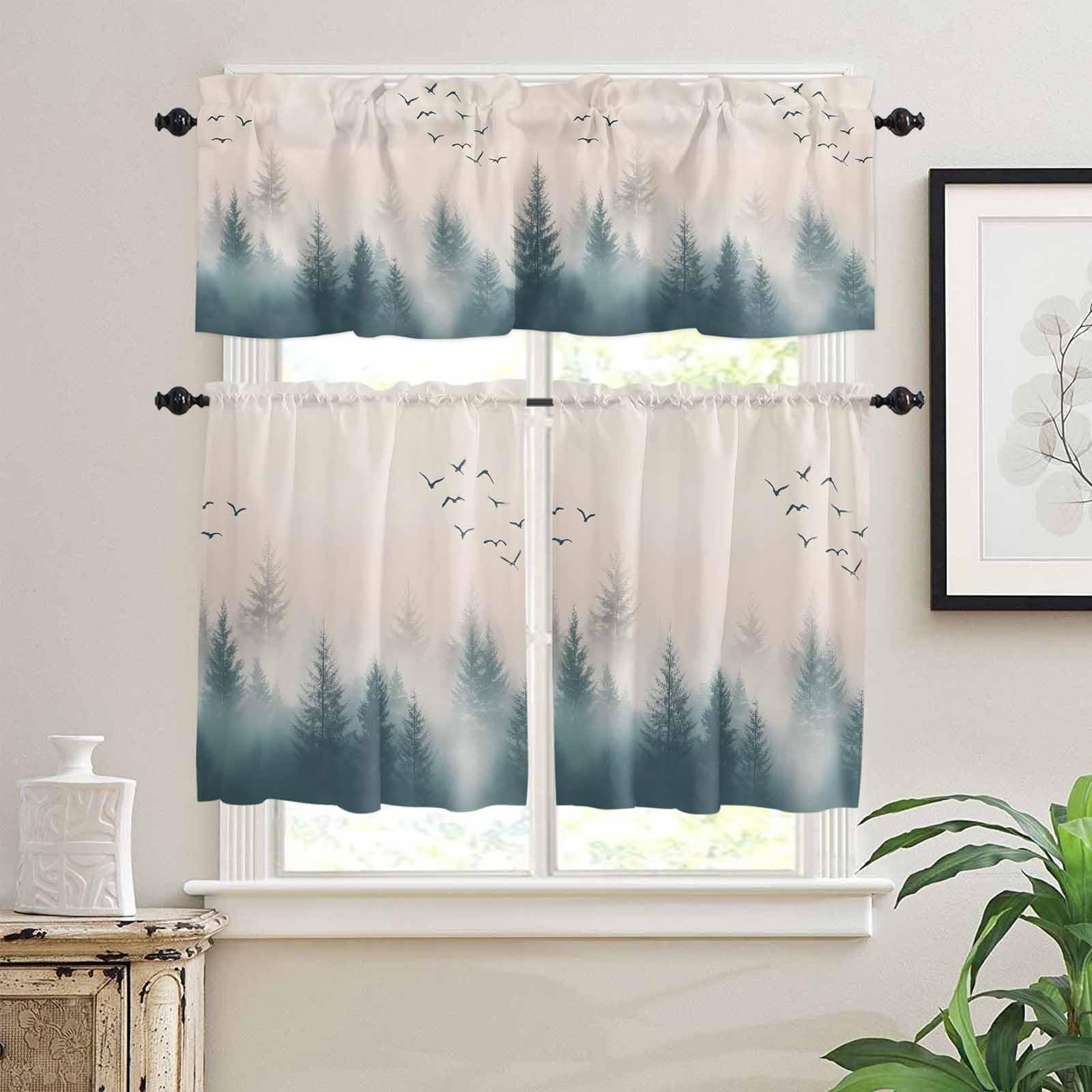 Foggy Forest Kitchen Curtains 24 Inch Length, 3 Piece Rod Pocket Small Half Tiers and Valance Set, Watercolor Pine Trees Natural Landscape Small Large Window Treatment Decor for Bedroom/Bathroom Sink