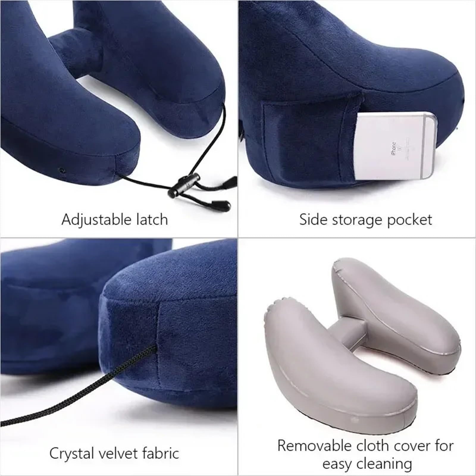 Almohada inflable con capucha para viaje en forma de U, para el cuello, para exteriores, coche, avión de larga distancia (azul)