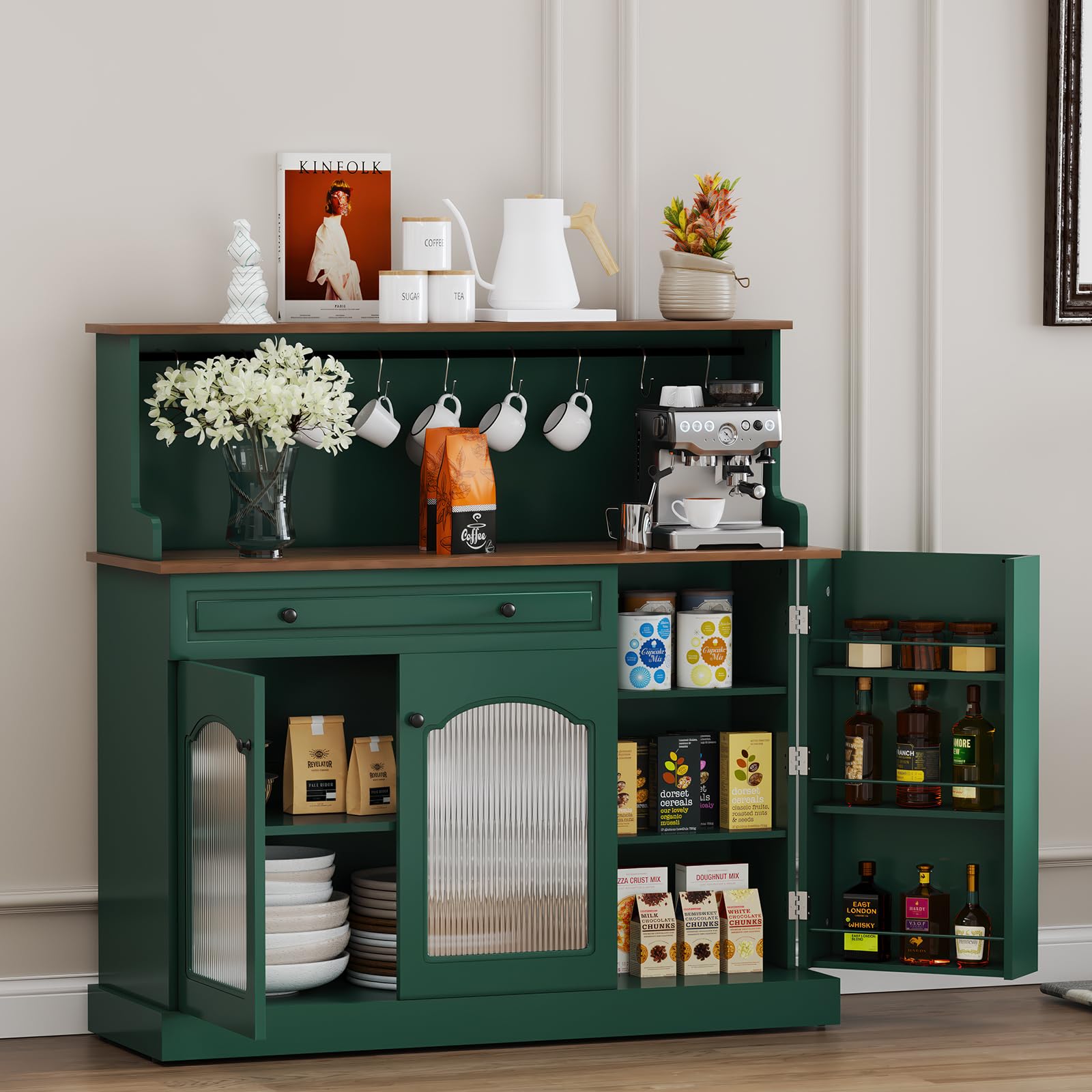 HOLTICO Vaisselier Buffet de Cuisine avec Plan de Travail, Meuble pour Micro-Onde et Bar à Café, avec Armoire de Rangement, Tiroir et Étagères, pour Salle à Manger, Salon, 120 x 120 x 40 cm, Vert