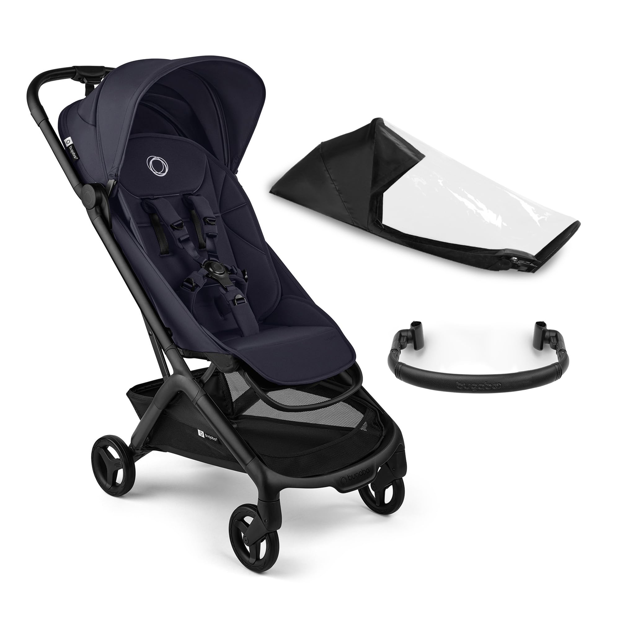Bugaboo Butterfly 2 Silla de Paseo de Viaje – Pack con Barra de Seguridad y Cubierta para Lluvia – Ligera, Plegable a Una Mano y Asiento Reclinable, de 6 meses a 4 Años – Deep Indigo