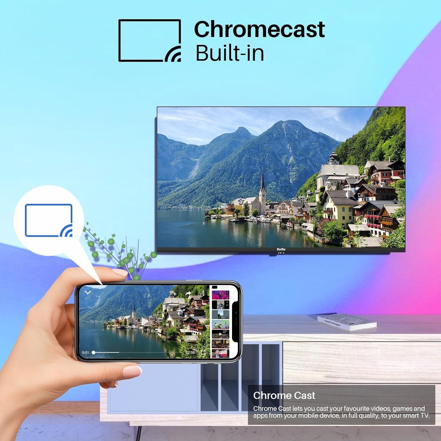 TuTu TUS32HD1A Téléviseur 32 Pouces (80 cm), Android Smart TV avec WiFi, Bluetooth, App Store, Chromecast, Triple Tuner (DVB-T/T2, DVB-C, DVB-S/S2), Molotov et Plus