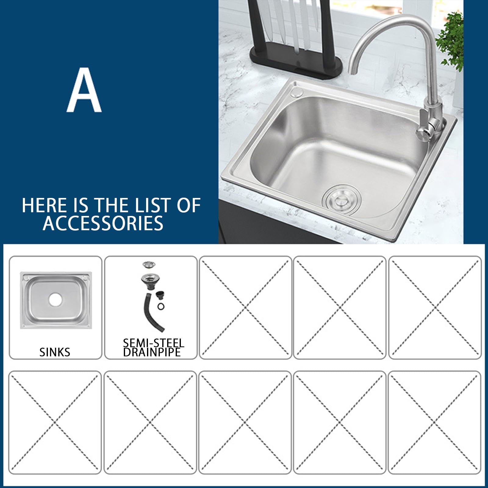 Lavello Cucina 1 Vasca ,Lavello in Acciaio Inox Rettangolare, Installazione a Sopratop o Filotop lavandino cucina da Incassoda Lavello Vasca Singola Con Kit di Scarico (304-38*32*18cm(1.2mm side))