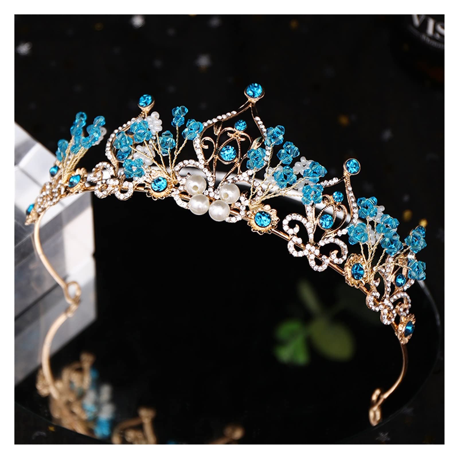 Blume Perle Blau Kristall Tiara Trendige Prinzessin Krone Braut Diadem Hochzeit Krone Diademe Haarschmuck Hochzeit Haarschmuck Tiara (Metal Color : A Blue)