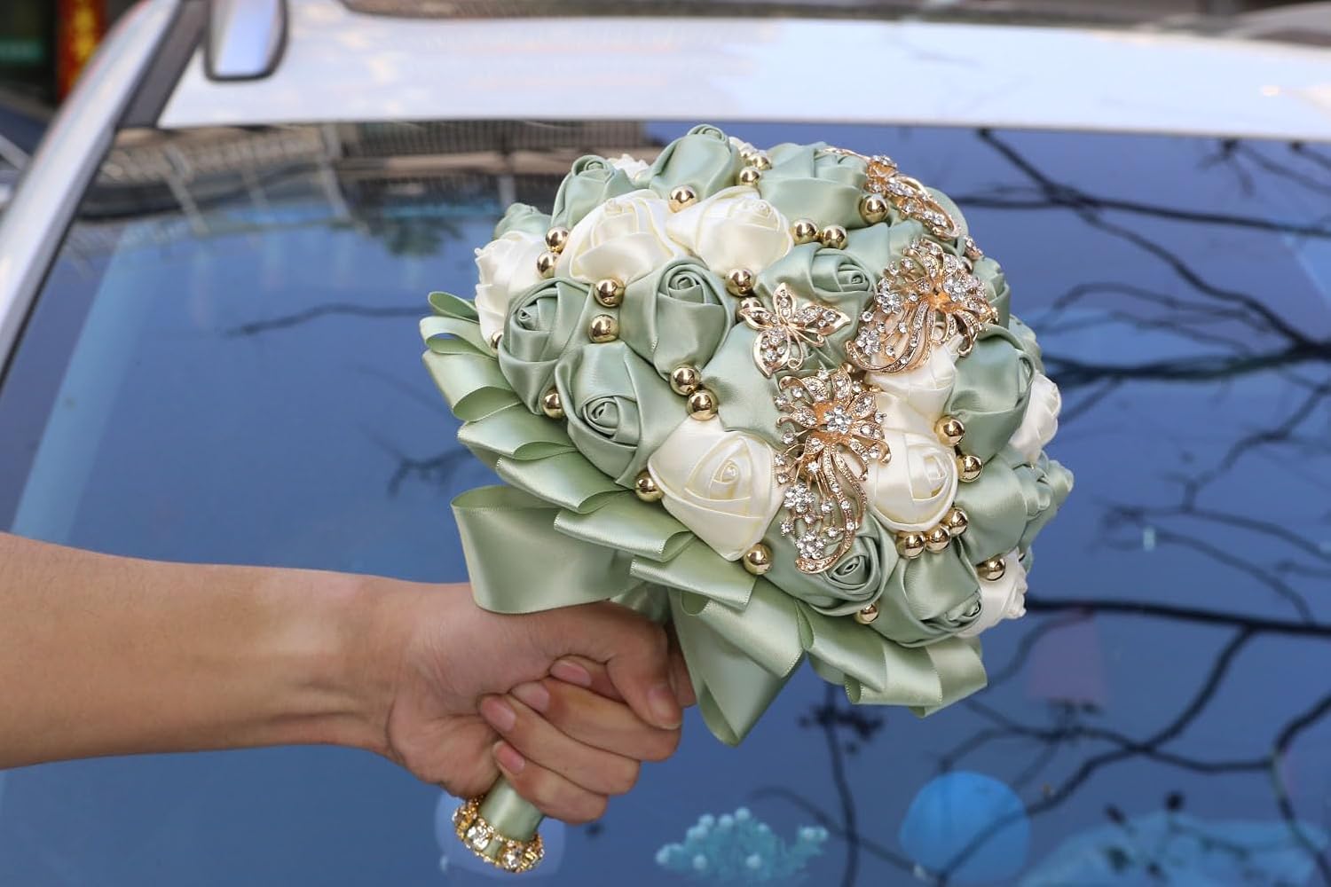 Handmade Wedding Bouquet with Golden Rhinestone Brooch Pearl Bridal Bouquet for Bride Bridesmaid Quinceanera Satin Rose Flower Bouquet Wedding Sage Green and Ivory 7.1in