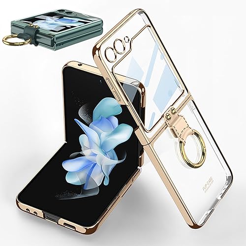 SHIEID Z Flip 5 - Funda con soporte de anillo, borde galvanizado para Galaxy Z Flip 5, funda protectora delgada con protector de pantalla integrado