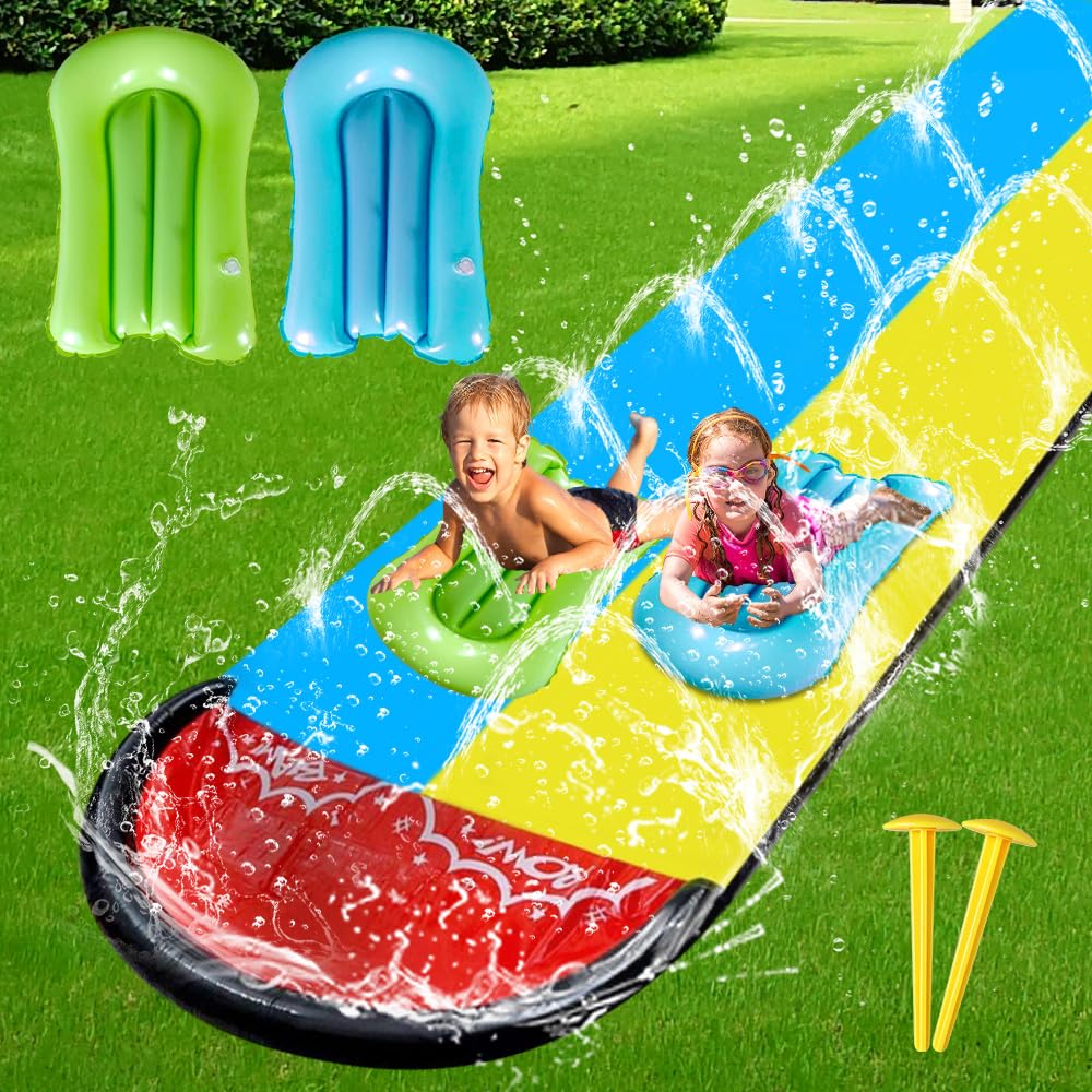 Scivolo d'acqua da giardino per bambini, 6,1 x 1,4 m, scivolo gonfiabile con 2 bodyboard, doppio scivolo d'acqua con irrigatore integrato, giocattolo acquatico per bambini adulti all'aperto