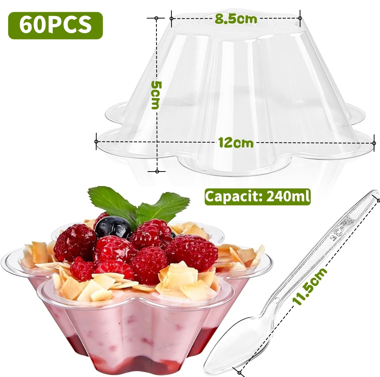 LATERN 60 Pièces Coupes à Dessert en Plastique avec Cuillères, 240ml Tasses à Dessert en Forme de Fleur Gobelets Transparentes pour Apéritifs Bols de Service Réutilisables pour Pudding Mousse Fête