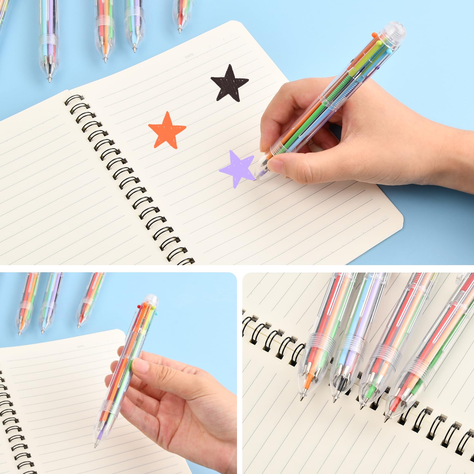 16 Stück 6-in-1 Retractable Kugelschreiber – Mehrfarbige Stifte Mit 0,5 Mm Spitze, Transparent, Für Schule & Büro