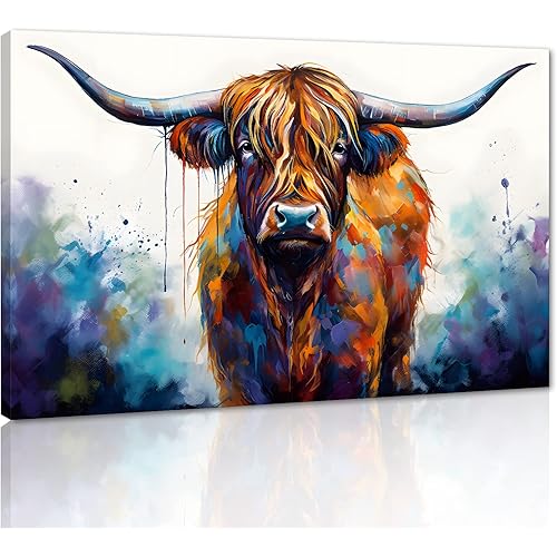 Yatsen Bridge Graffiti Wall Art Highland Cow Pictures Decor Artwork Large Animal Posters Canvas Prints Colorful Long-Haired Cattle Painting Living Room Home Office Framed Ready to Hang -28x44 Inches