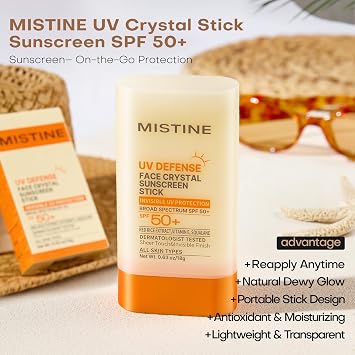 Mistine UV Defense Face Crystal Sunscreen Stick SPF 50+, Transparent Sunscreen, No White Cast, Broad Spectrum Oil-Free & Lightweight Korean Sunscreen for All Skin Over-Makeup TouchUps, 0.63 oz/18g