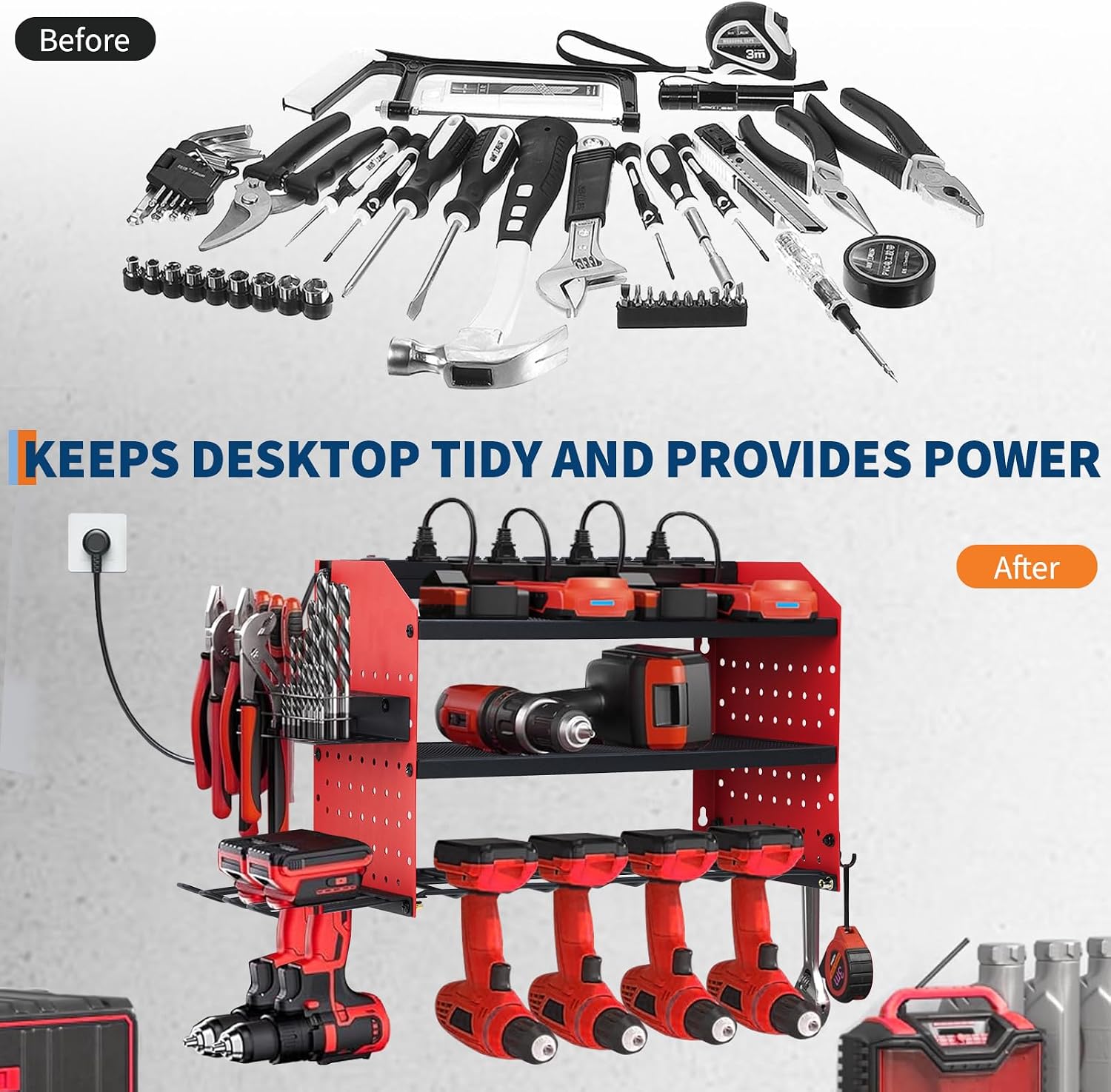 Power Tool Organizer Wall Mount with Charging Station, Heavy Duty 3-Layer Garage Rack with 8 Outlets, 4 Drill Storage Shelf with Hooks, Drill Bit Shelf Battery Storage Holder for Garage, Workbench