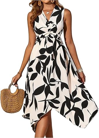 Summer Dresses for Women Printed Handkerchief Hem Midi Dresses Casual Flowy V Neck Tshirt Dress A Line Tank Dress