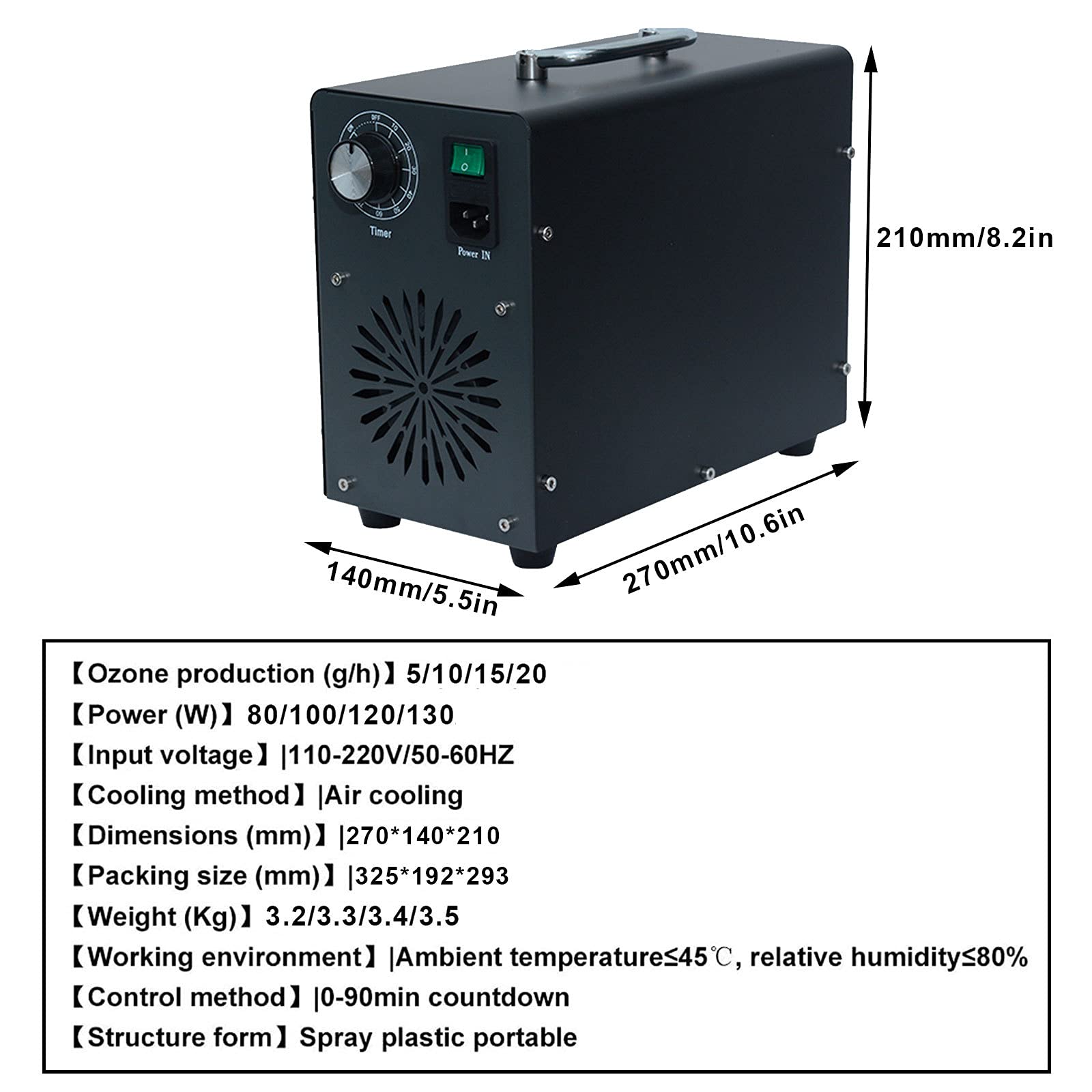 RDJSHOP Generador de Ozono Comercial con Temporizador de 90 Min Alta Capacidad Ozonizador Industrial Esterilizador Desodorizante Negro para Habitaciones Grandes, Hoteles, Sótanos,15000mg/h