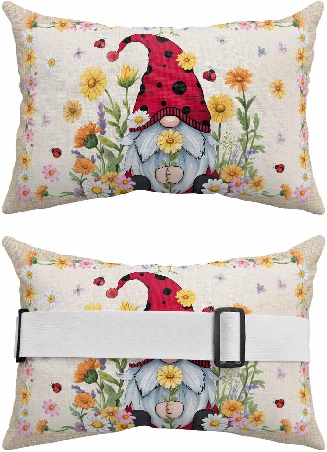Throw Pillow Covers with Strap, Ladybug Gnome Daisy Flowers Spring Summer Vintage Farmhouse Floral Outdoor Water-resistant Throw Pillow Covers with Strap for Sofas, Cars and Seaside, 2pcs-12"X20"