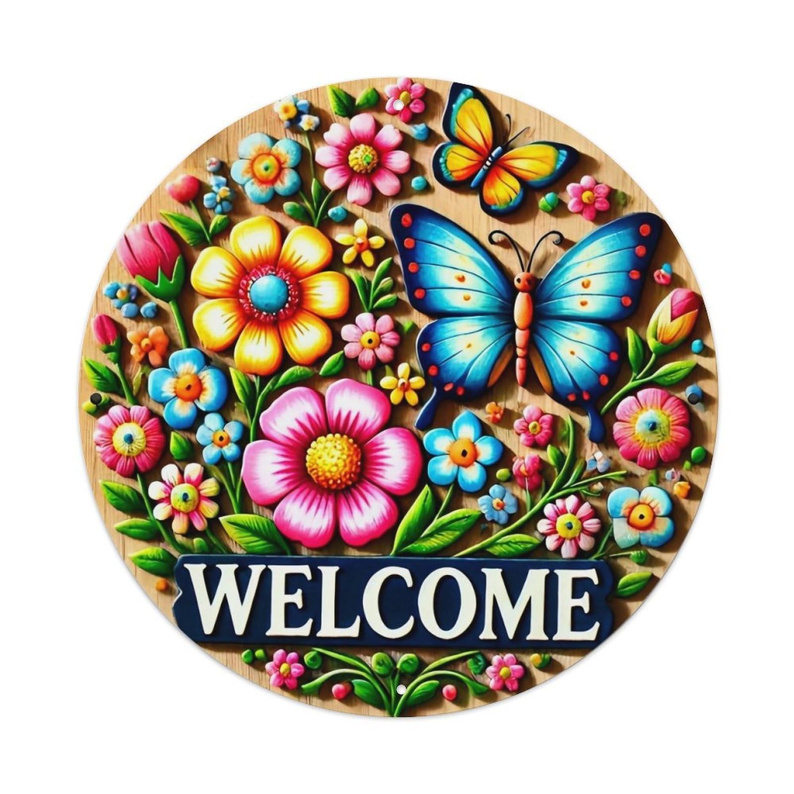 Floral Butterfly Welcome Pattern Art Round Tin Sign Vintage Metal Sign Home Bar Garden Indoor & Outdoor Wall Decor Retro Metal Poster 8x8 Inch