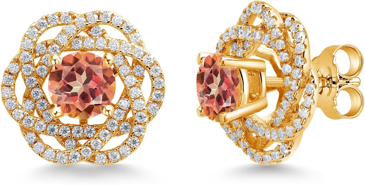 Gem Stone King 18K Yellow Gold Plated Silver Round 6MM Gemstone Birthstone Stud Earrings with White Moissanite Removable Earrings Jackets For Women