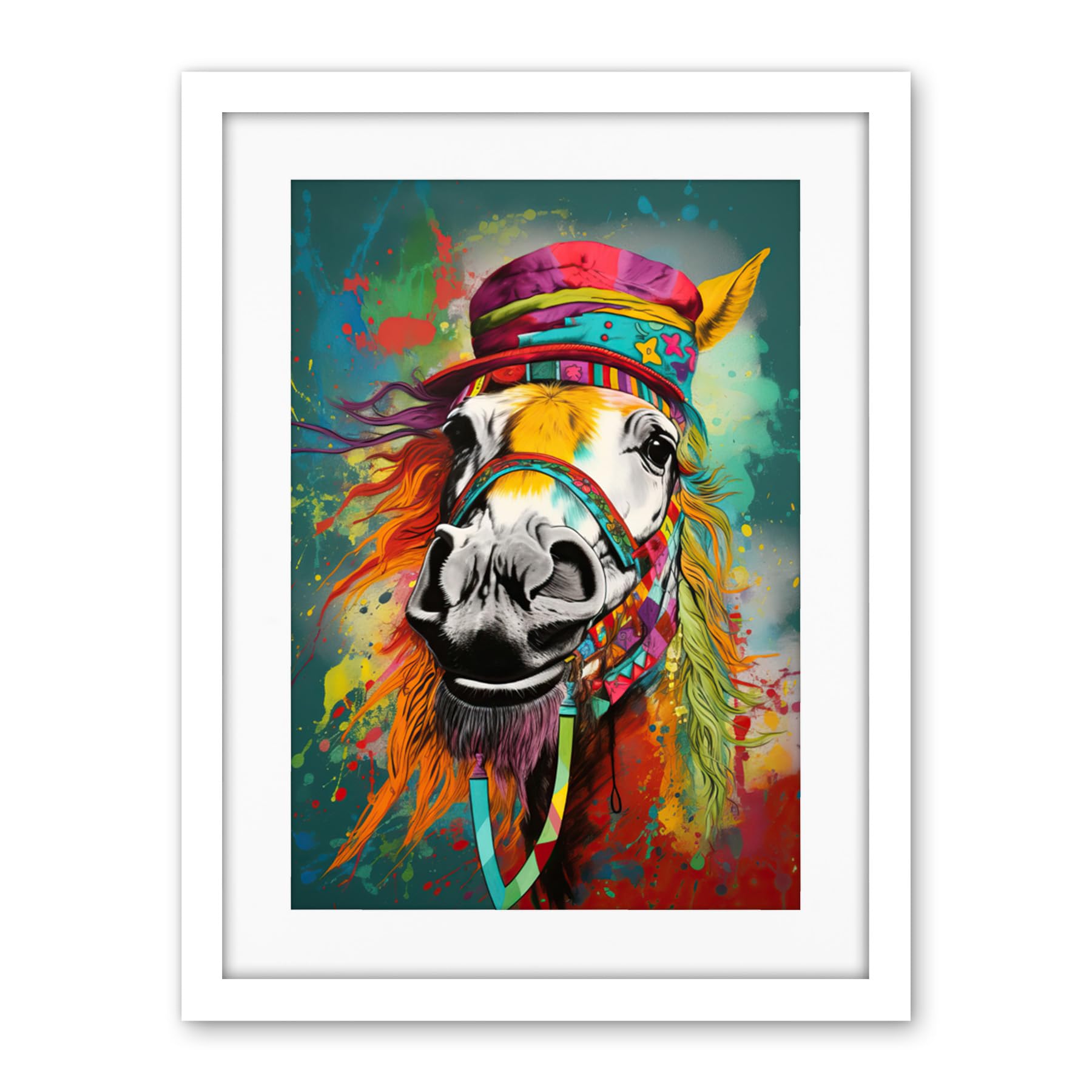 Artery8 Hippie Horse with Multicoloured Hat and Bridles Artwork Framed Wall Art Print 18X24 Inch