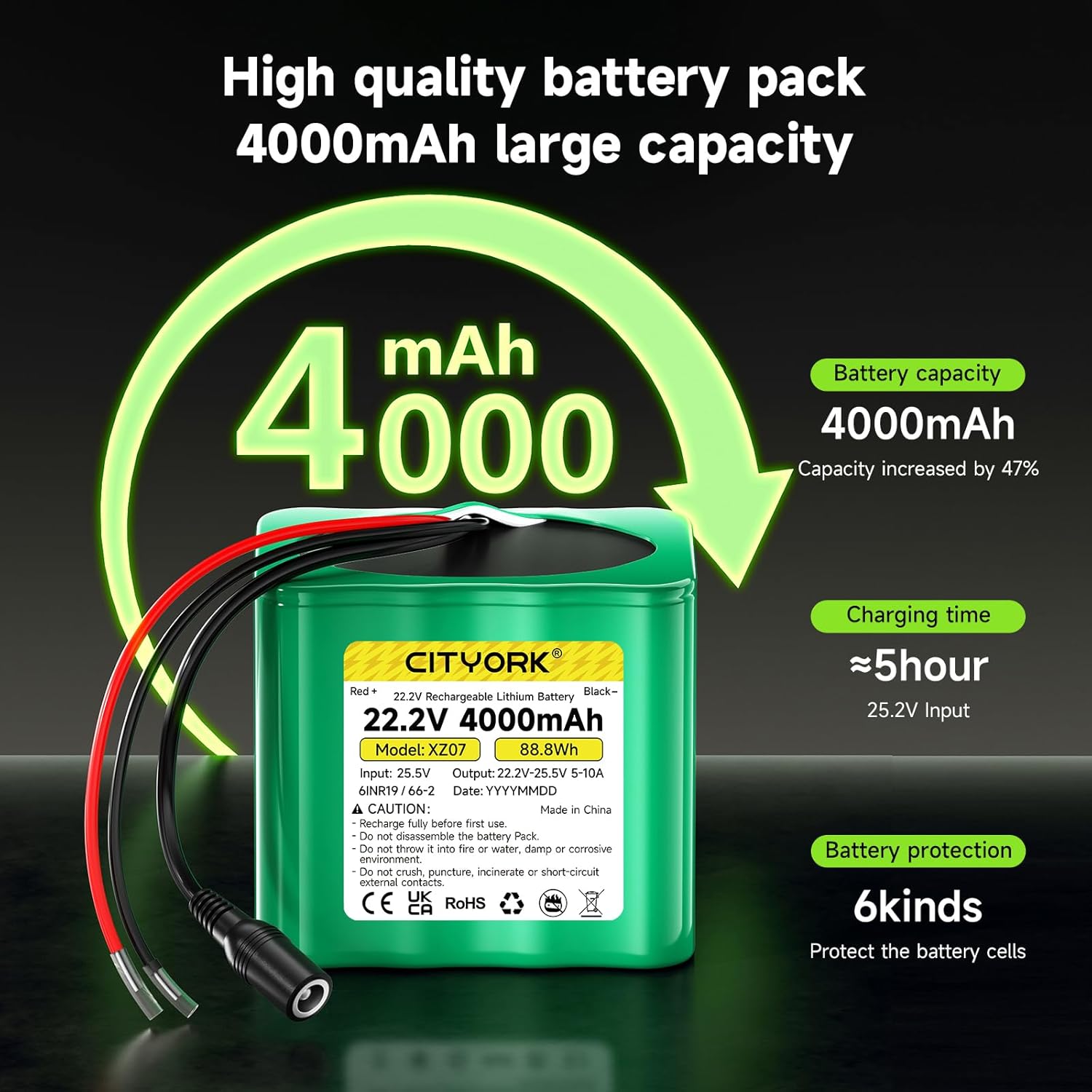 CITYORK 24V Lithium Battery 4000mAh with Charger, Bare Leads, Cable Connector for 24V Devices, DIY Projects, Speaker Box, Radio Equipment, CCTV Cemera, LED Light Strip, etc (22.2V-25.5V)