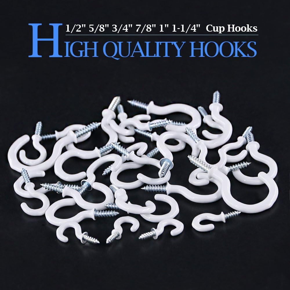 Suреr Dеаl Prоduсt Glarks 100-Pieces 6 Sizes White Vinyl Coated Cup Hooks Screw-in Ceiling Hooks Screw Hooks Mug Hooks Hangers Assortment Kit for Home and Office Use