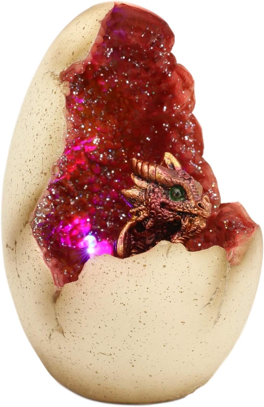 Ebros 5" Tall Red Hatchling Wyrmling Dragon in Crystal Quartz Geode Egg Figurine with Colorful LED Night Light As Dungeons and Dragons Fantasy Themed Decor Accent