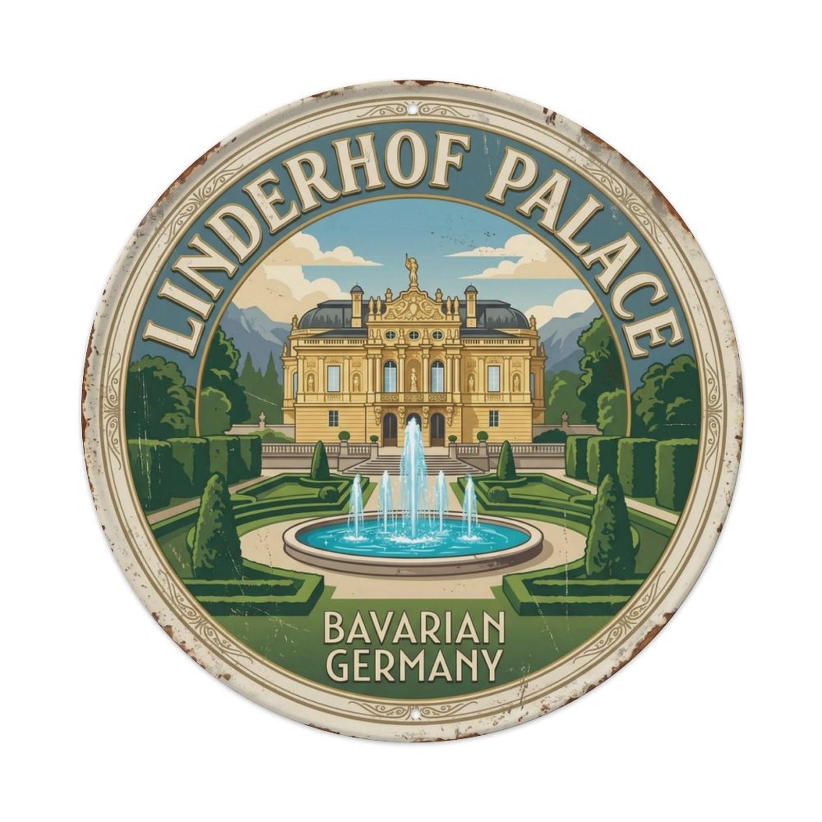 Linderhof Palace Bavarian Germany Castle Metal Tin Sign Plaque Wall Decor for Cafe, Club Bar, Office, Home Garden Round Metal Poster 8x8Inch