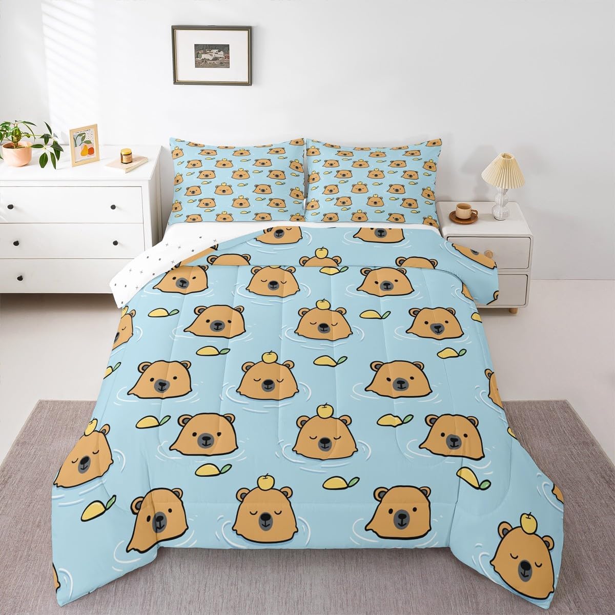 jejeloiu Capybaras Bedding Set Twin Size Cute Animals Orange Comforter Set for Kids Boys Girls Cartoon Funny Capybara Decor Comforter Microfiber Floral Duvet Set Bedroom Quilt Set