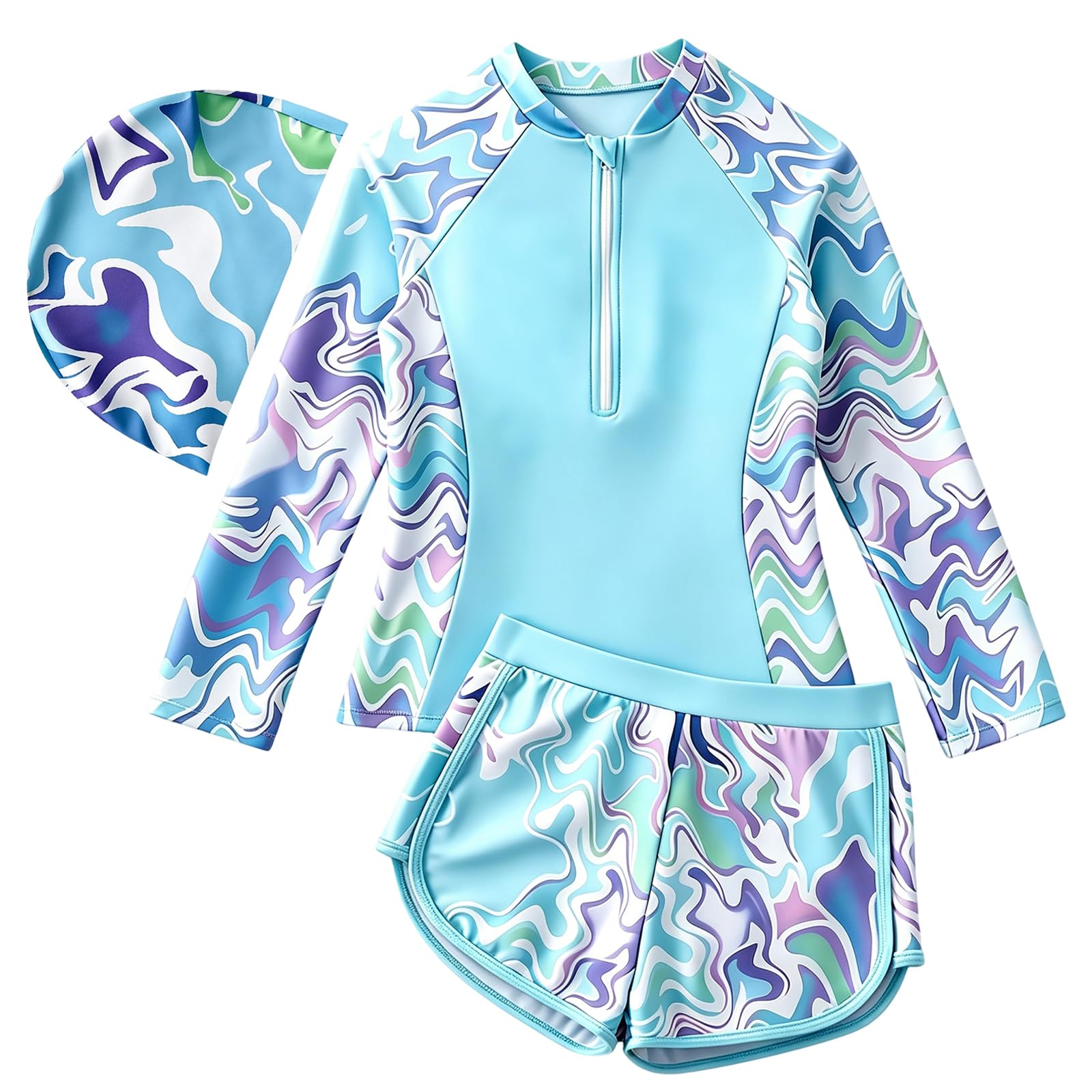 UV Badeanzug Mädchen 2-teilig, Langarm Rashguard Set mit Shorts, Kinder UV Badebekleidung mit Sonnenschutz, Teenager Schwimmanzug mit Polster, Schwimmshirt & Badehos