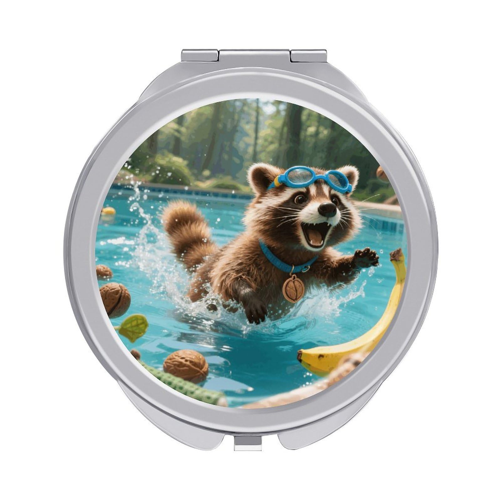 VstaDank Raccoon Pool Dash Makeup Mirror Beautiful Compact Makeup Mirror Silver Mirrors Surface Folding Makeups Lightweight Travel Makeups Mirrors for Suitable Handbag and Purses