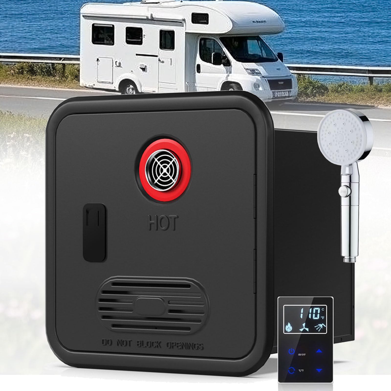 Camper Tankless Water Heater, On Demand RV Tankless Water Heater Propane, 55000 BTUs 3.9 GPM, DC 12V, 15 x 15 inch Door &amp; Front Water Outlet, Energy Saving &amp; Freeze Protection WithShowerHead-Black