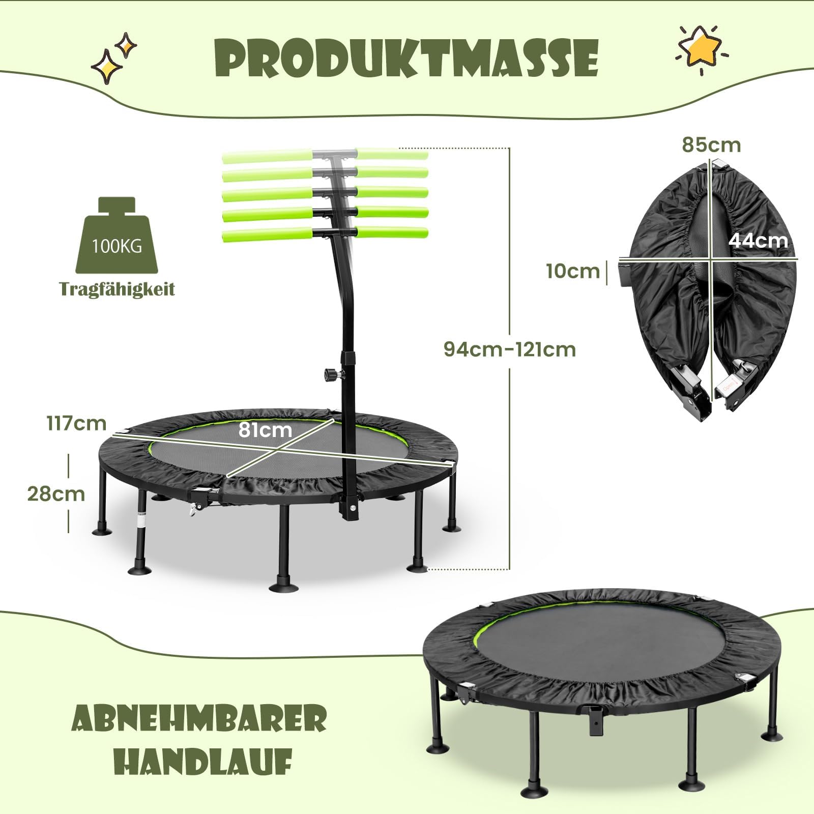 COSTWAY φ117cm Mini Trampolin faltbar, Fitness Trampolin mit höhenverstellbarem Griff, Kindertrampolin Gartentrampolin Indoor- und Outdoor für Erwachsene und Kinder, 100 kg Belastbar