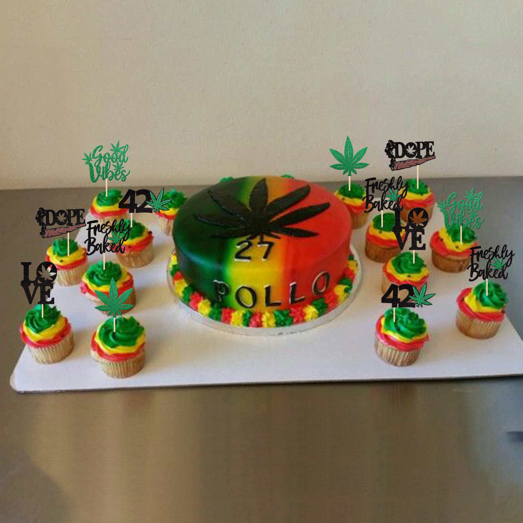 24 Stück Dope Marihuana Blatt Cupcake Topper – Für 420 Geburtstag, Party-Deko | Grün-gold Glitzer