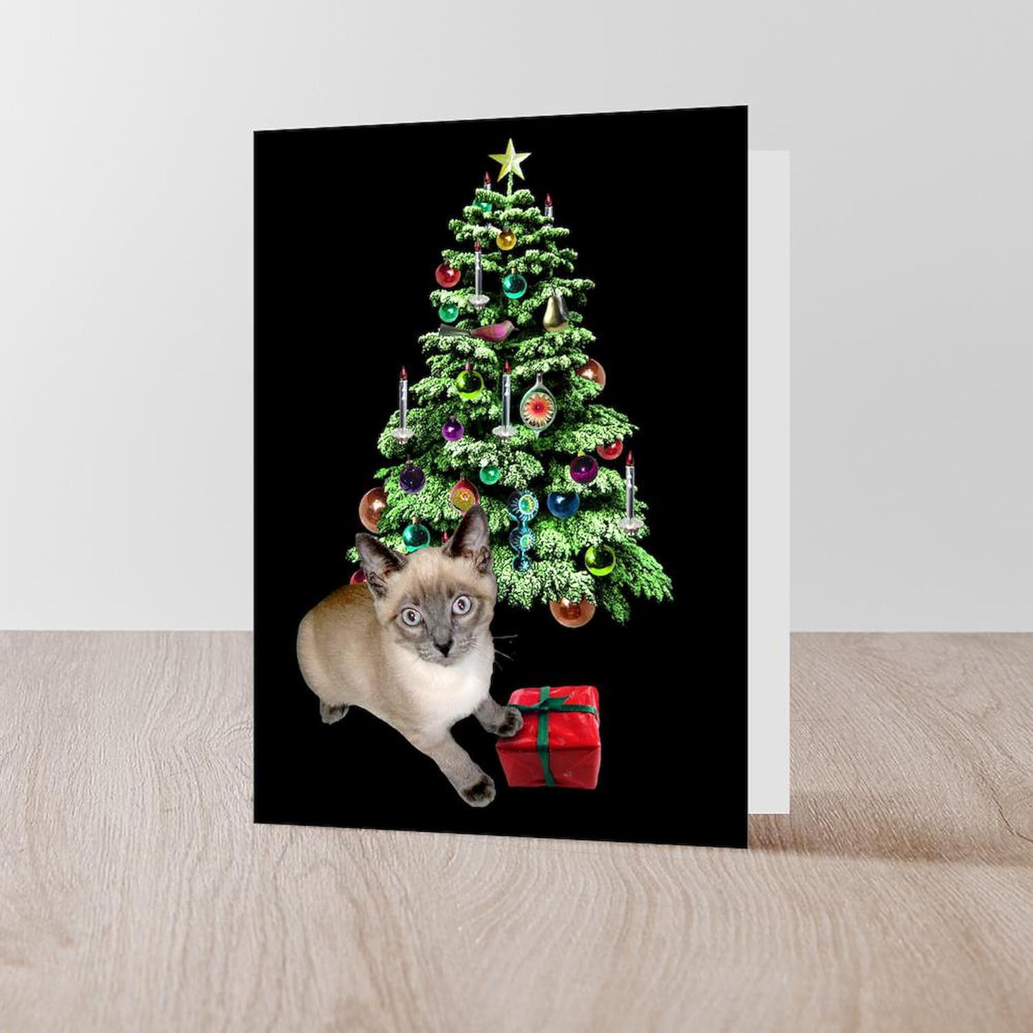 CafePress Cat Frosty Xmas Tree Greeting Card (20-pack), Note Card with Blank Inside, Birthday Card Glossy