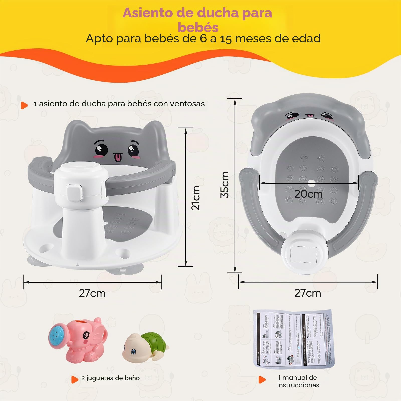 Asiento de baño ajustable y antideslizante para niños de 6 a 15 meses, soporta hasta 12 kg, 2 juguetes, ventosas, diseño ergonómico para un baño cómodo